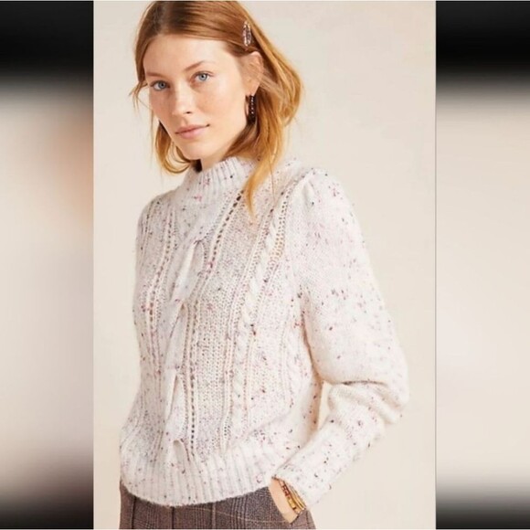 Rebecca Taylor Merino Wool Pink Confetti TWEED CABLEKnit XS Cream Sweater - Picture 4 of 10